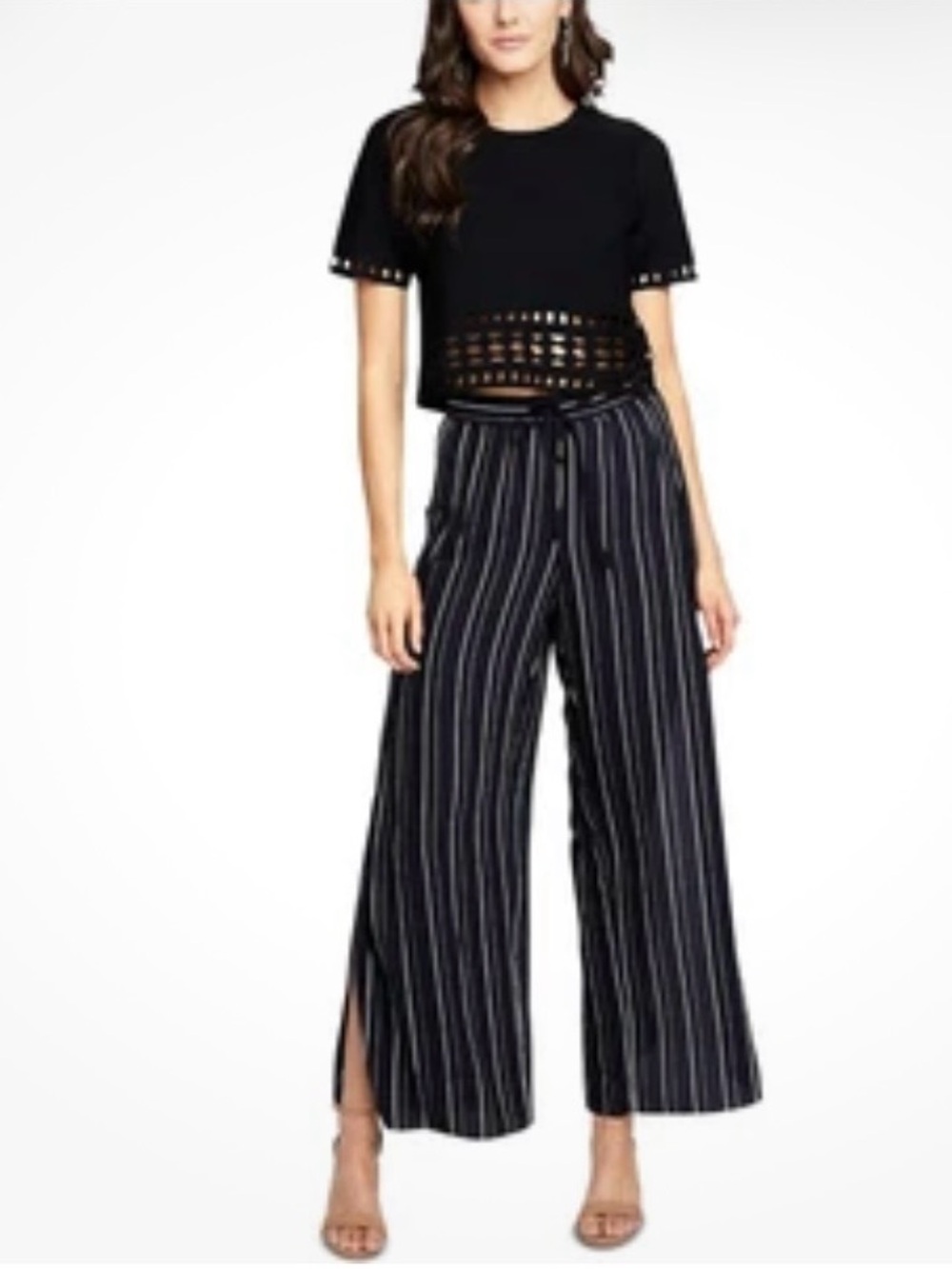 RACHEL Rachel Roy Navy and White Pinstripe Thigh High Split Pants